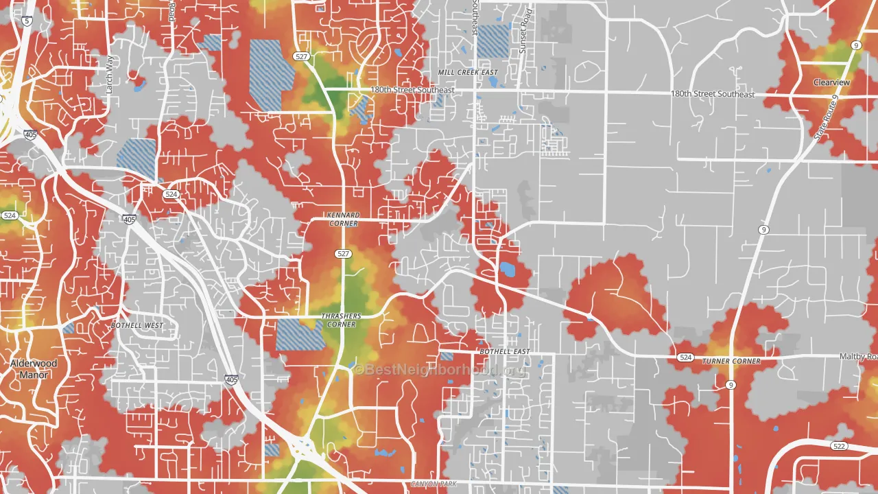Walk Grade map of North Creek, Bothell, WA, walkable areas in green and car-dependent areas in red