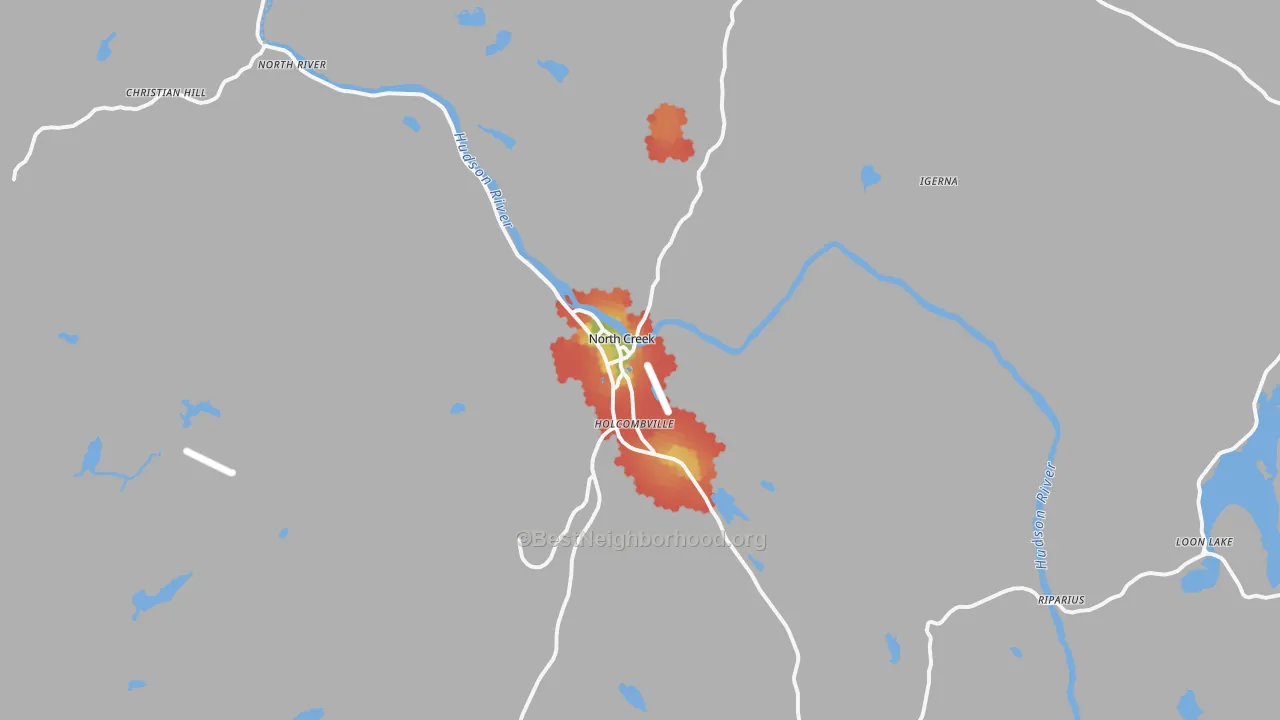 Walk Grade map of North Creek, NY, walkable areas in green and car-dependent areas in red