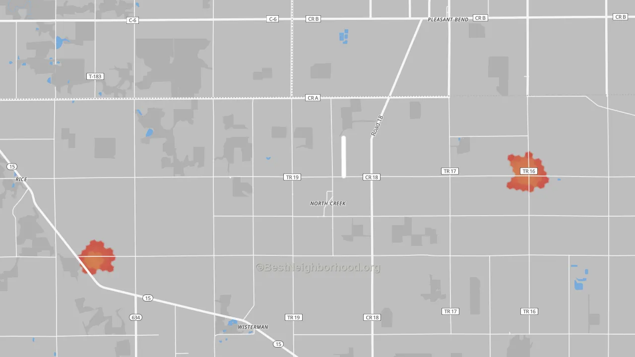 Walk Grade map of North Creek, OH, walkable areas in green and car-dependent areas in red