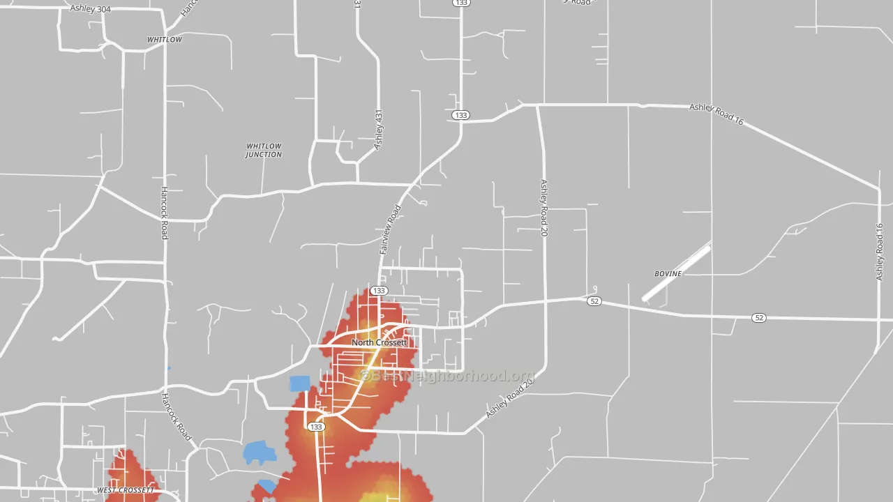 Walk Grade map of North Crossett, AR, walkable areas in green and car-dependent areas in red