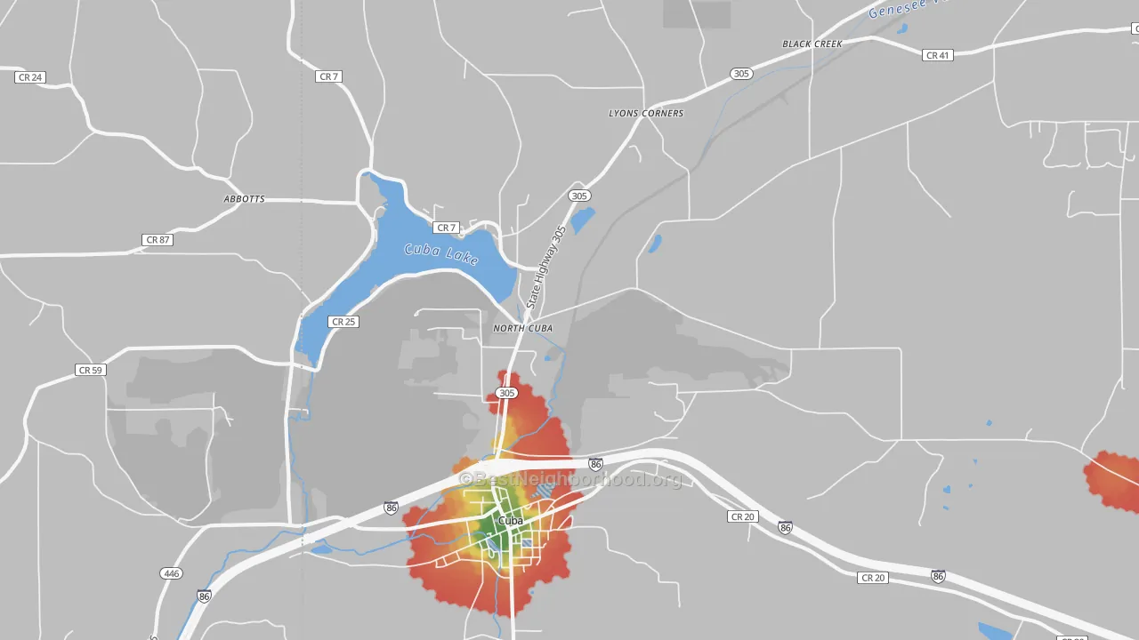 Walk Grade map of North Cuba, NY, walkable areas in green and car-dependent areas in red