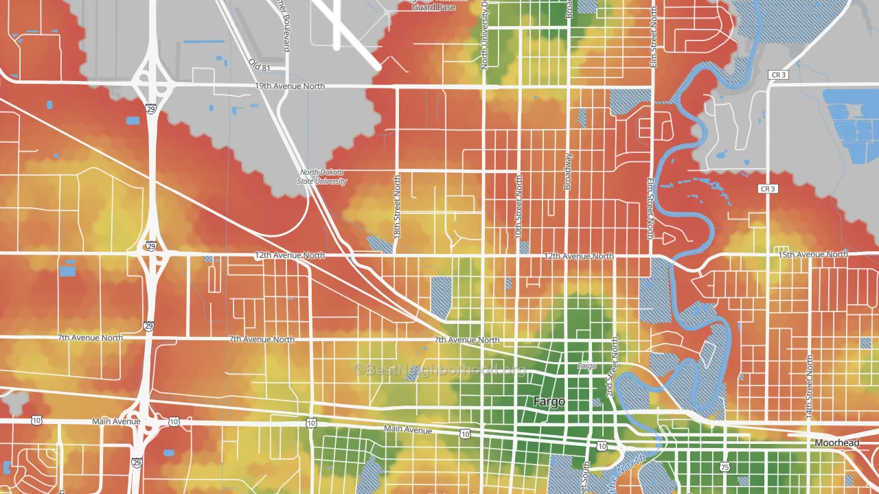 Walk Grade map of North Dakota State University, Fargo, ND, walkable areas in green and car-dependent areas in red