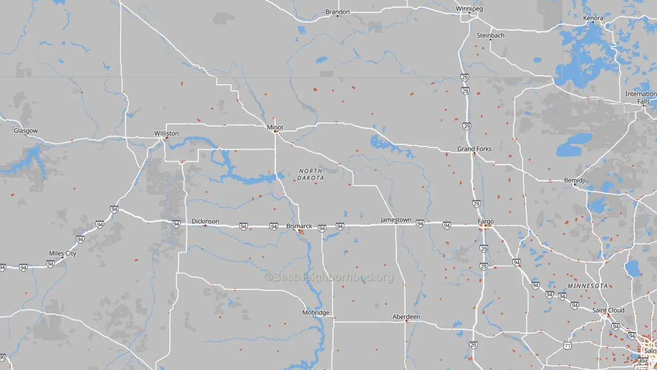 Walk Grade map of North Dakota, walkable areas in green and car-dependent areas in red