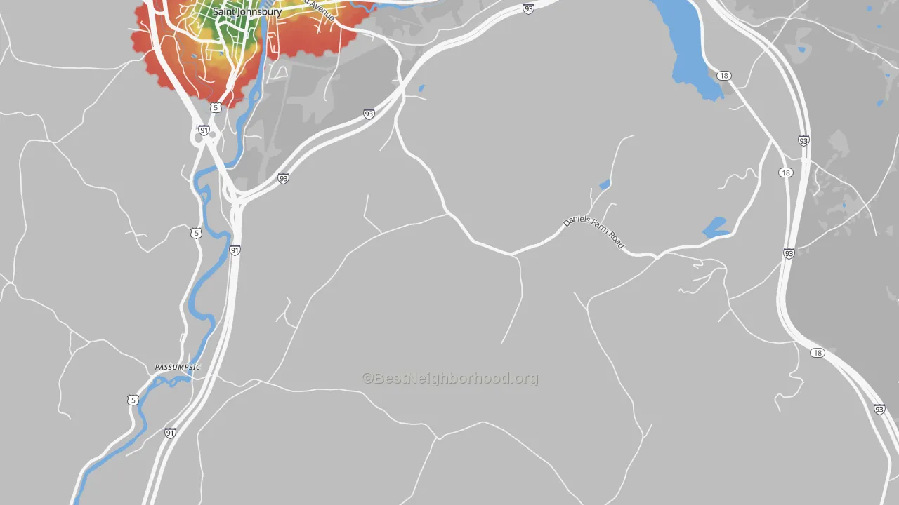 Walk Grade map of North Danville, VT, walkable areas in green and car-dependent areas in red