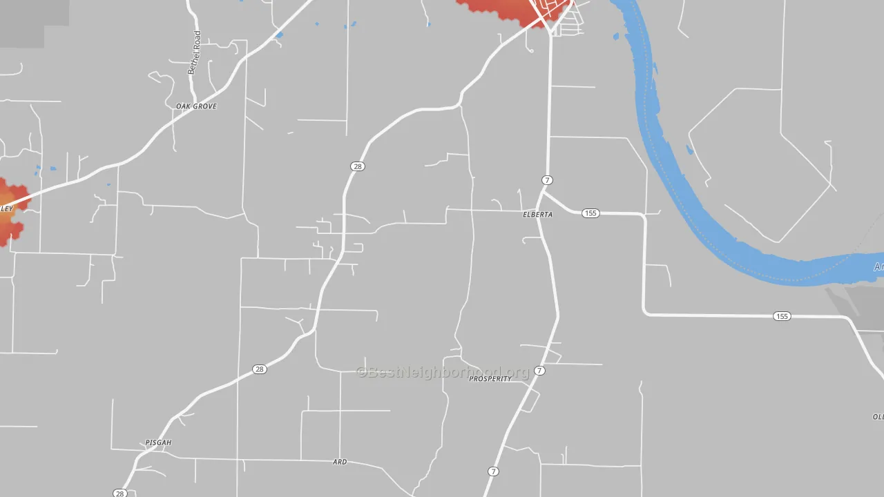 Walk Grade map of North Dardanelle, AR, walkable areas in green and car-dependent areas in red