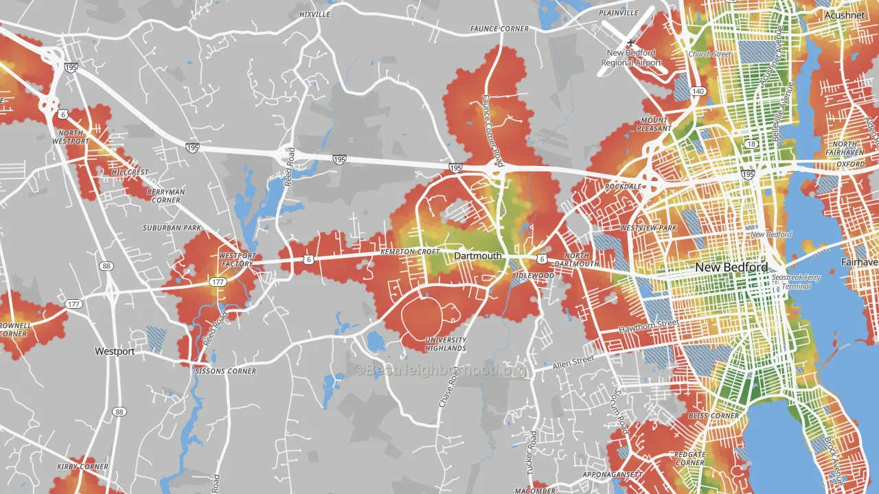 Walk Grade map of North Dartmouth, MA, walkable areas in green and car-dependent areas in red