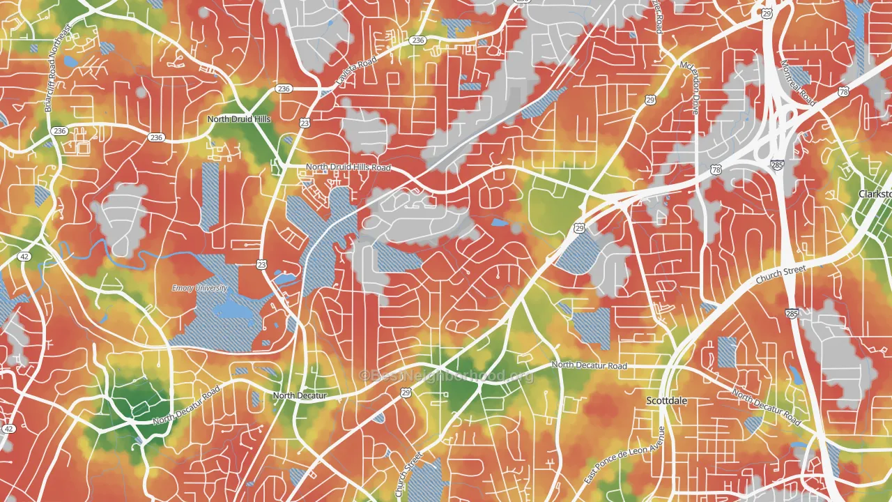 Walk Grade map of North Decatur, GA, walkable areas in green and car-dependent areas in red