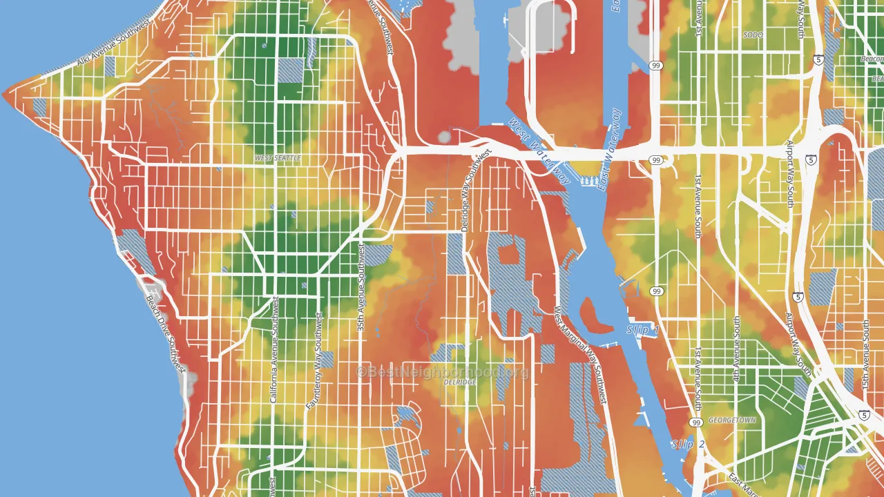 Walk Grade map of North Delridge, Seattle, WA, walkable areas in green and car-dependent areas in red