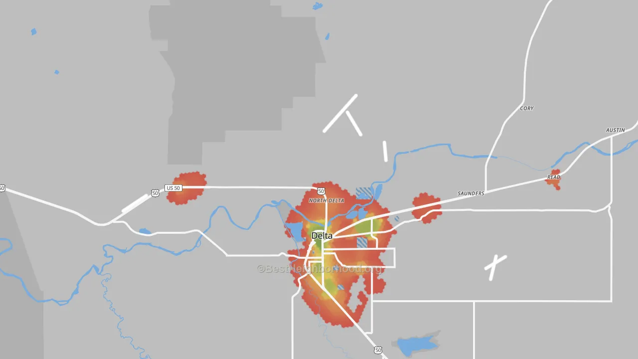 Walk Grade map of North Delta, CO, walkable areas in green and car-dependent areas in red
