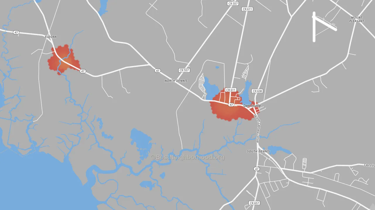 Walk Grade map of North Dennis, NJ, walkable areas in green and car-dependent areas in red