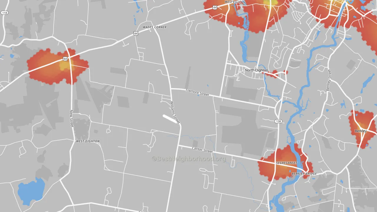 Walk Grade map of North Dighton, MA, walkable areas in green and car-dependent areas in red