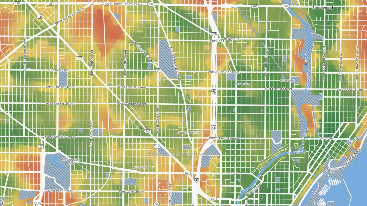 Walk Grade map of North Division, Milwaukee, WI, walkable areas in green and car-dependent areas in red