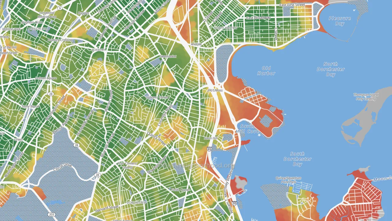 Walk Grade map of North Dorchester, Boston, MA, walkable areas in green and car-dependent areas in red