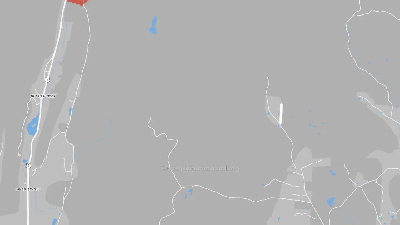 Walk Grade map of North Dorset, VT, walkable areas in green and car-dependent areas in red