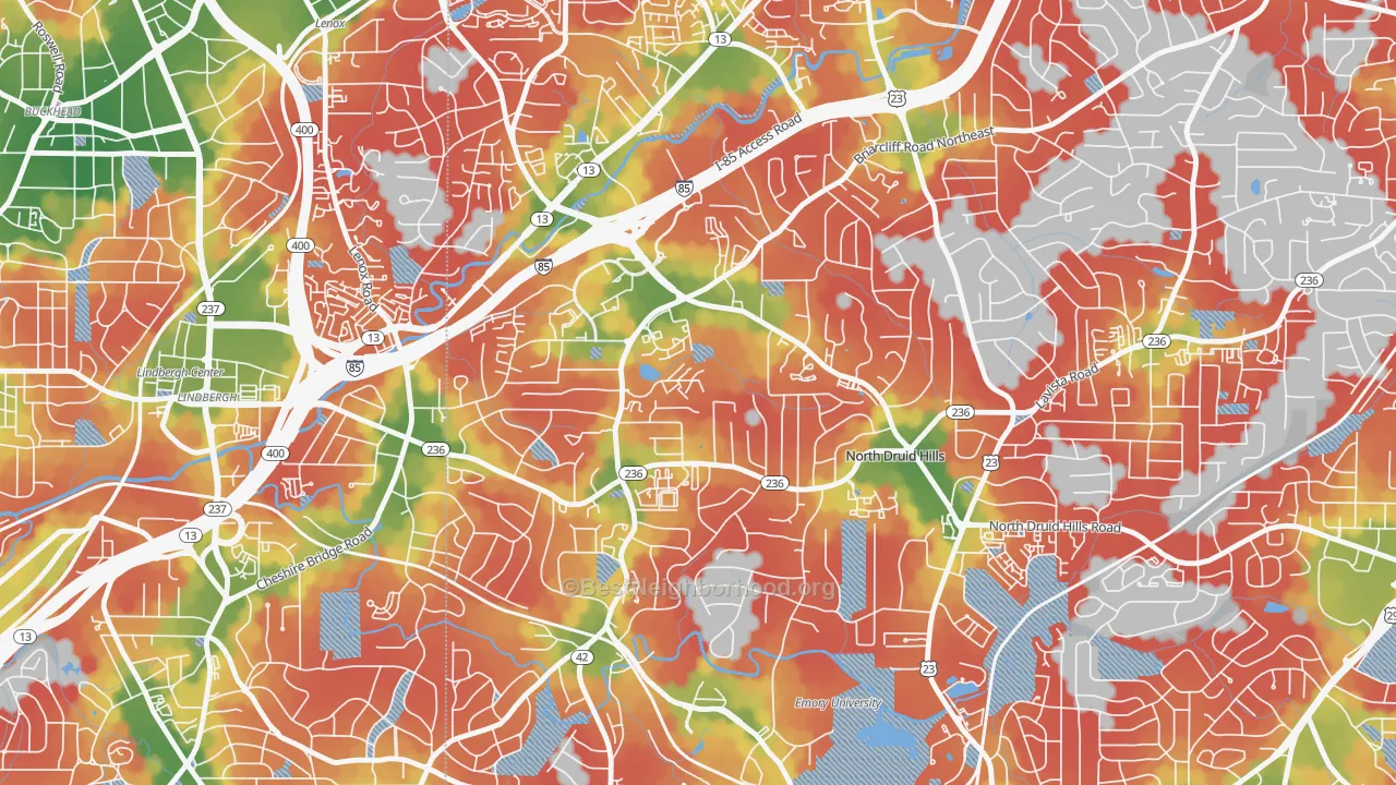 Walk Grade map of North Druid Hills, GA, walkable areas in green and car-dependent areas in red