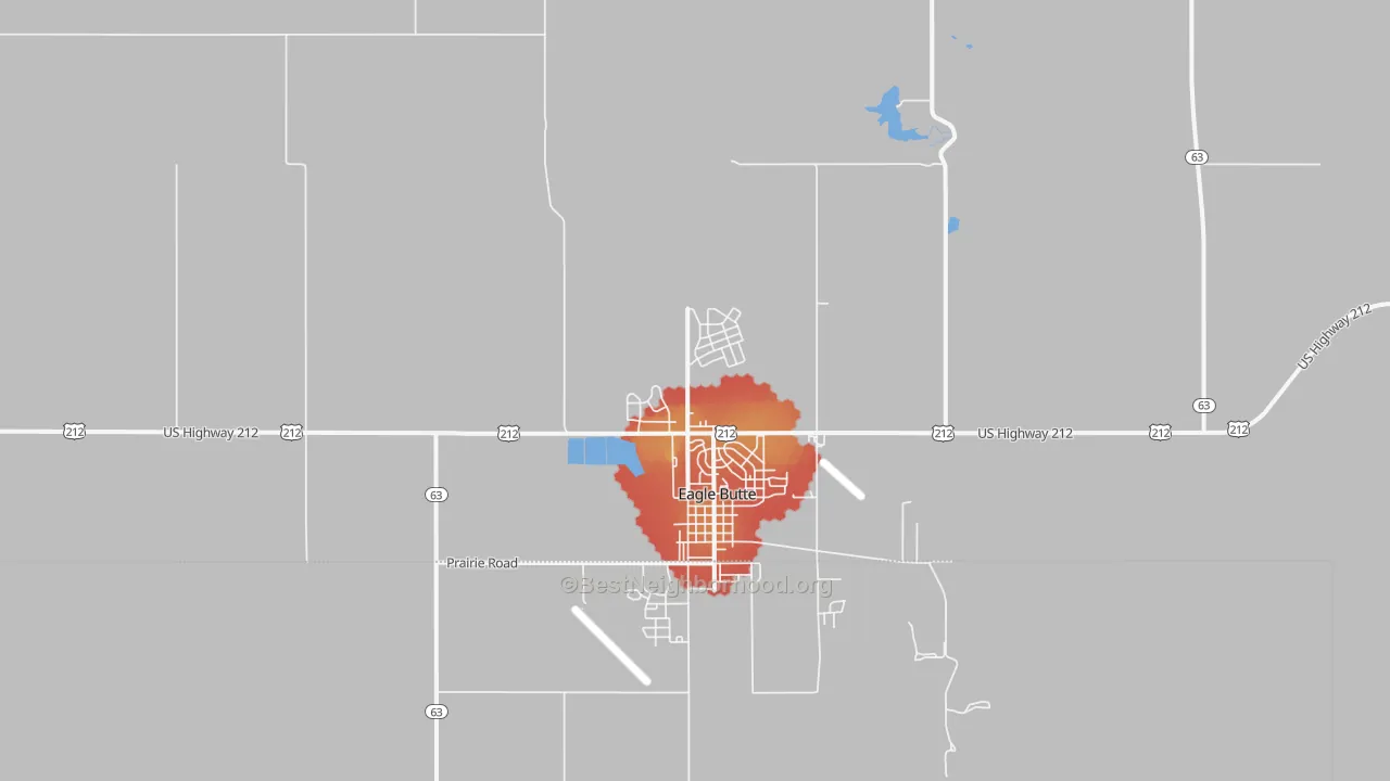 Walk Grade map of North Eagle Butte, SD, walkable areas in green and car-dependent areas in red