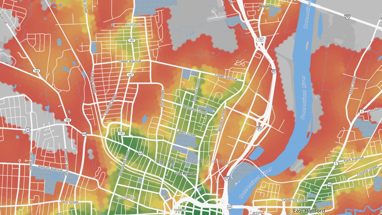 Walk Grade map of North East, Hartford, CT, walkable areas in green and car-dependent areas in red