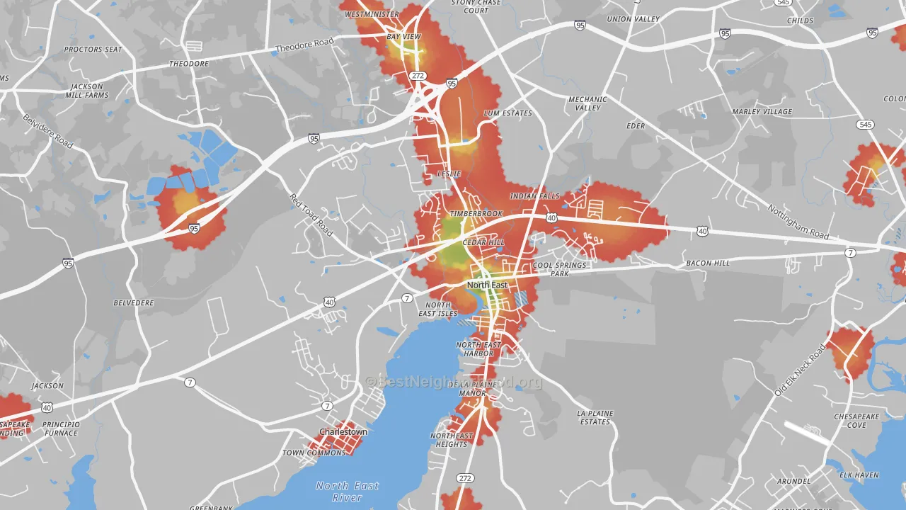 Walk Grade map of North East, MD, walkable areas in green and car-dependent areas in red