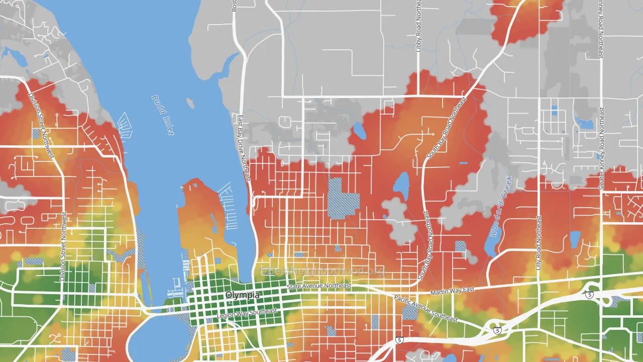 Walk Grade map of North East, Olympia, WA, walkable areas in green and car-dependent areas in red