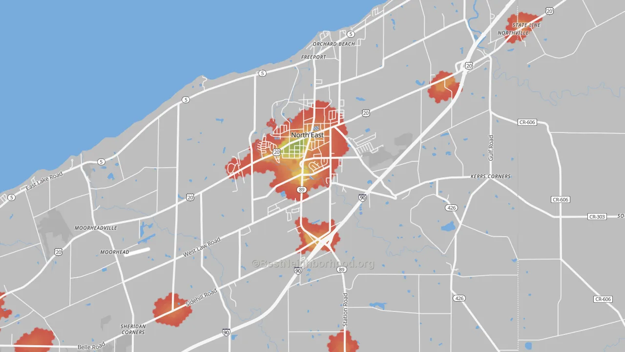 Walk Grade map of North East, PA, walkable areas in green and car-dependent areas in red