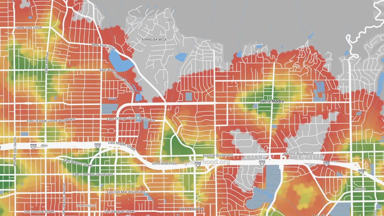 Walk Grade map of North East, Pasadena, CA, walkable areas in green and car-dependent areas in red