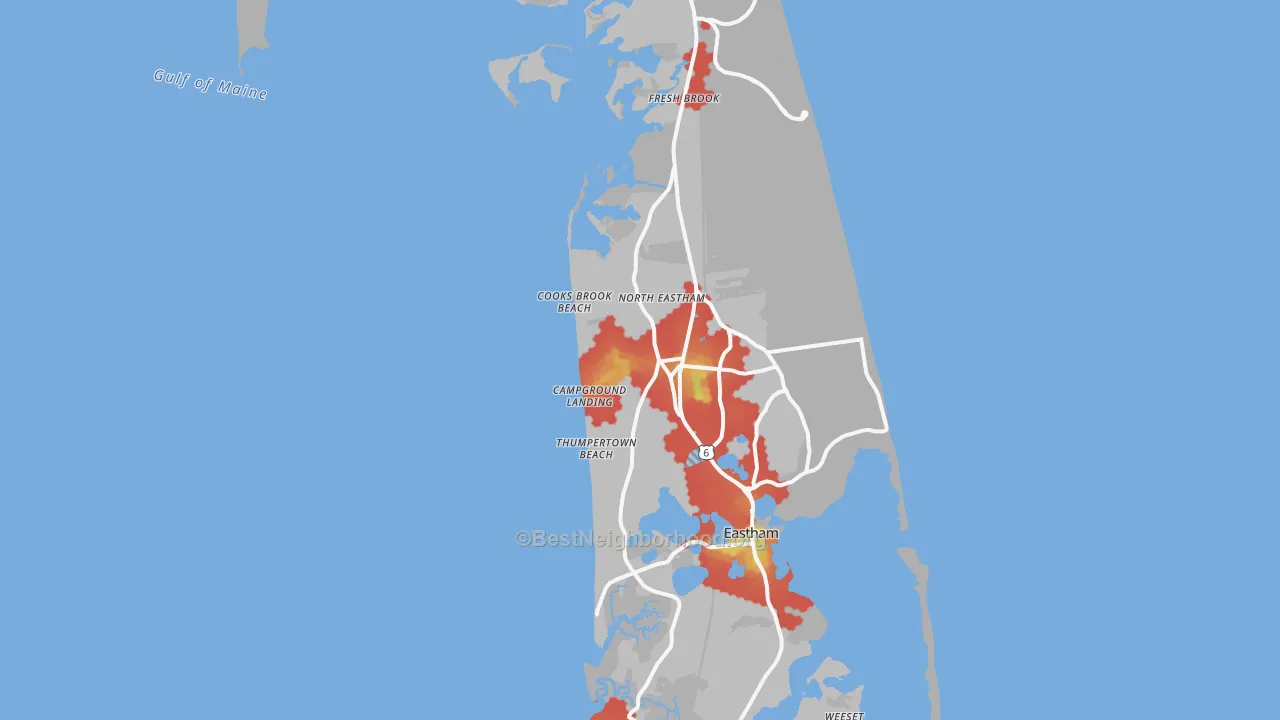 Walk Grade map of North Eastham, MA, walkable areas in green and car-dependent areas in red