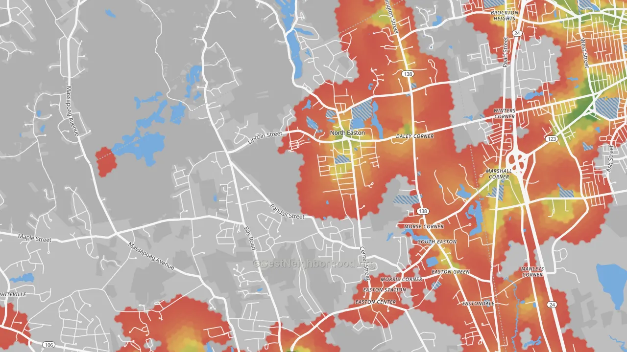 Walk Grade map of North Easton, MA, walkable areas in green and car-dependent areas in red