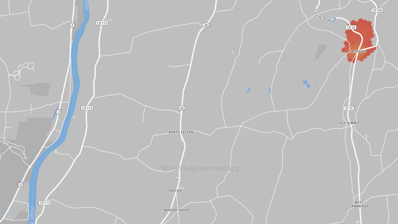 Walk Grade map of North Easton, NY, walkable areas in green and car-dependent areas in red