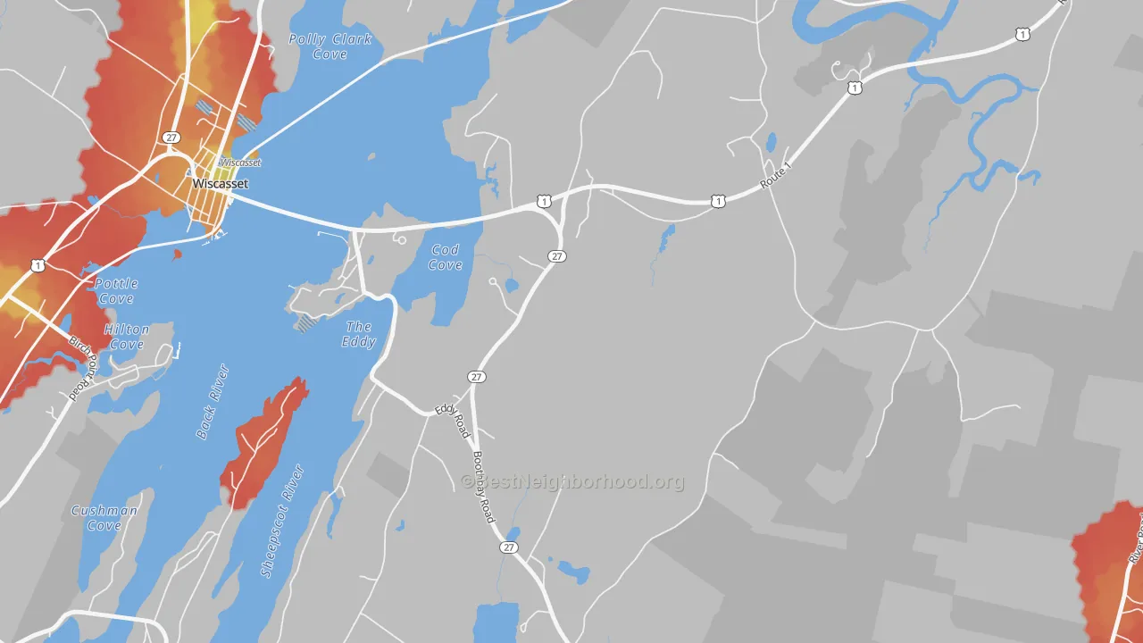 Walk Grade map of North Edgecomb, ME, walkable areas in green and car-dependent areas in red