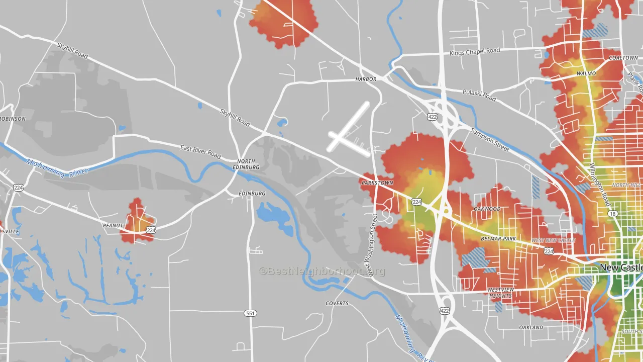 Walk Grade map of North Edinburg, PA, walkable areas in green and car-dependent areas in red