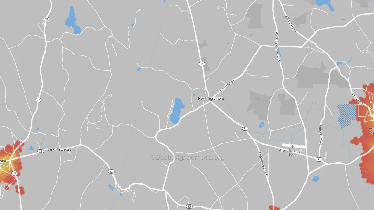 Walk Grade map of North Egremont, MA, walkable areas in green and car-dependent areas in red