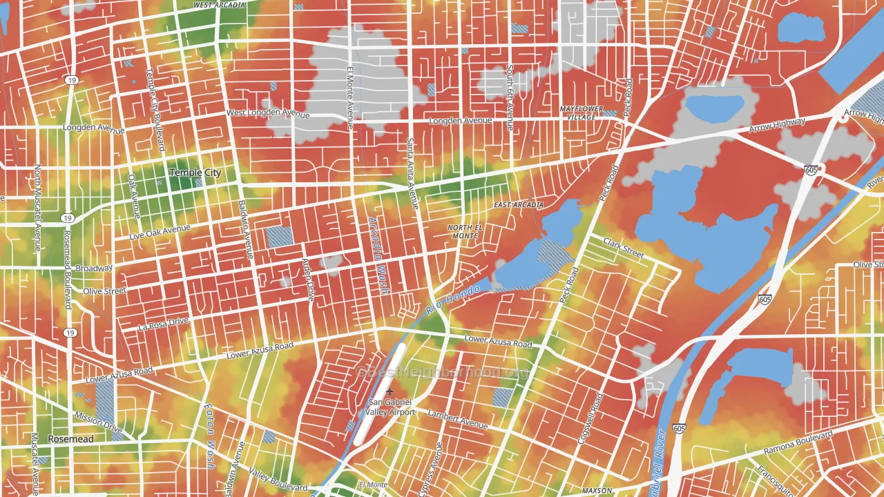 Walk Grade map of North El Monte, Arcadia, CA, walkable areas in green and car-dependent areas in red