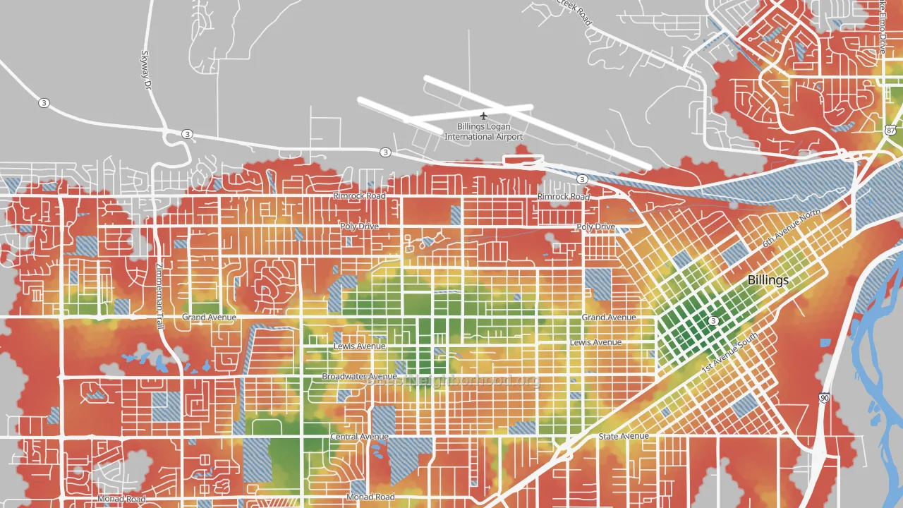 Walk Grade map of North Elevation, Billings, MT, walkable areas in green and car-dependent areas in red