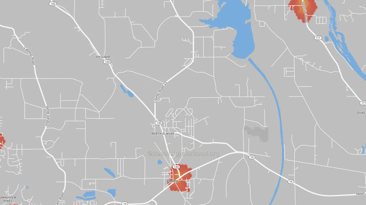 Walk Grade map of North Elmore, AL, walkable areas in green and car-dependent areas in red
