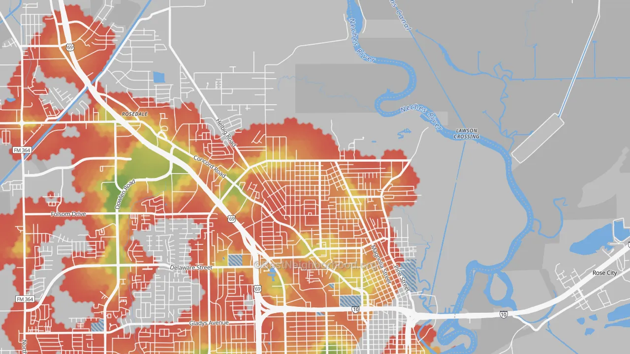 Walk Grade map of North End, Beaumont, TX, walkable areas in green and car-dependent areas in red