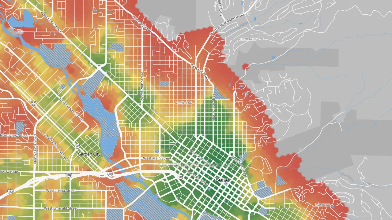 Walk Grade map of North End, Boise, ID, walkable areas in green and car-dependent areas in red