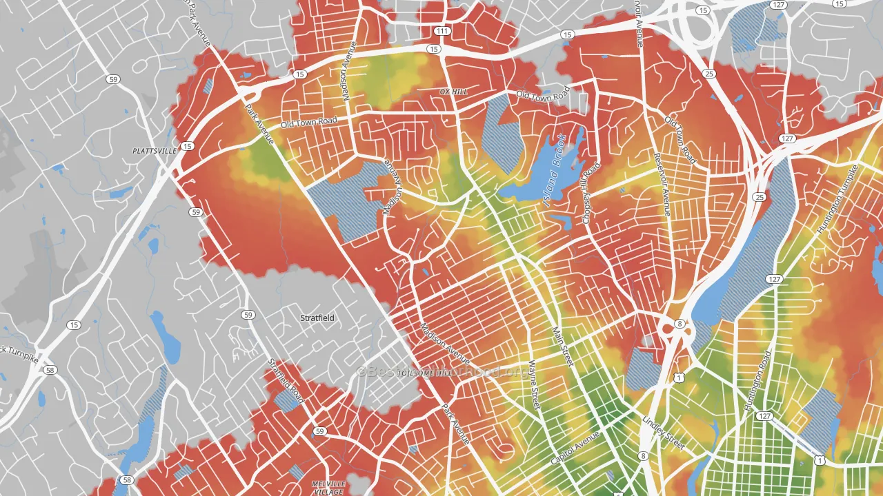 Walk Grade map of North End, Bridgeport, CT, walkable areas in green and car-dependent areas in red