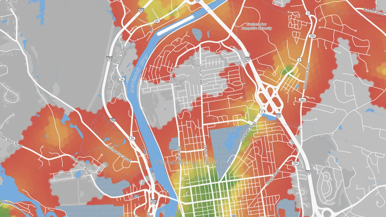 Walk Grade map of North End Manchester, Manchester, NH, walkable areas in green and car-dependent areas in red
