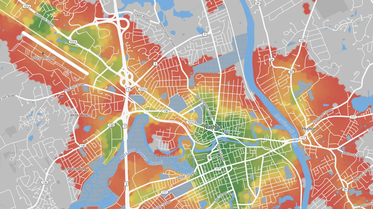 Walk Grade map of North End, Nashua, NH, walkable areas in green and car-dependent areas in red