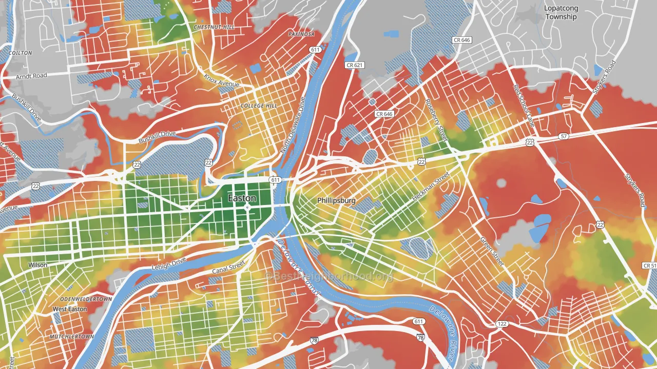 Walk Grade map of North End, Phillipsburg, NJ, walkable areas in green and car-dependent areas in red
