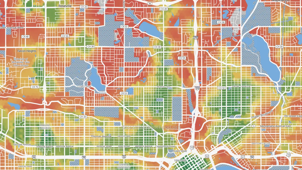 Walk Grade map of North End, St. Paul, MN, walkable areas in green and car-dependent areas in red