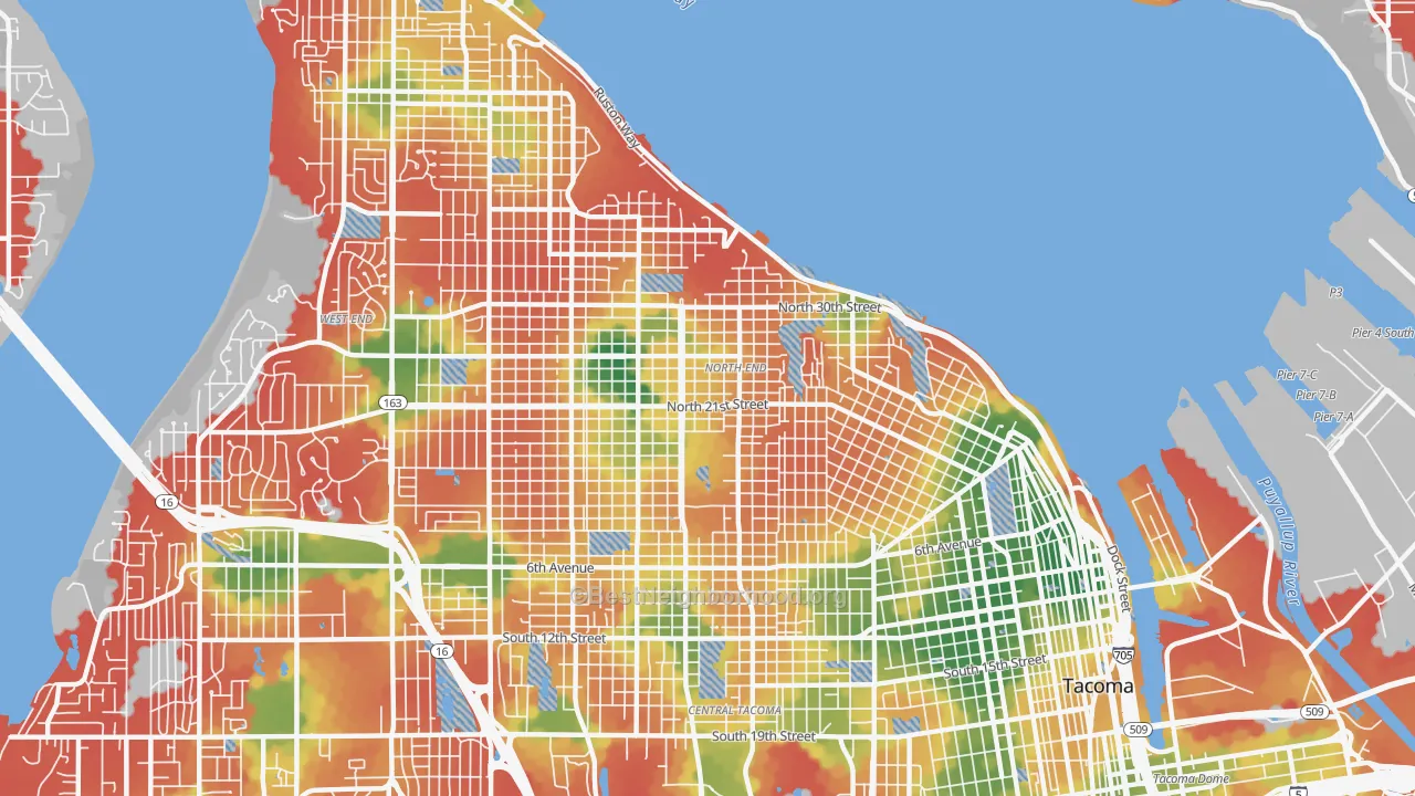 Walk Grade map of North End, Tacoma, WA, walkable areas in green and car-dependent areas in red