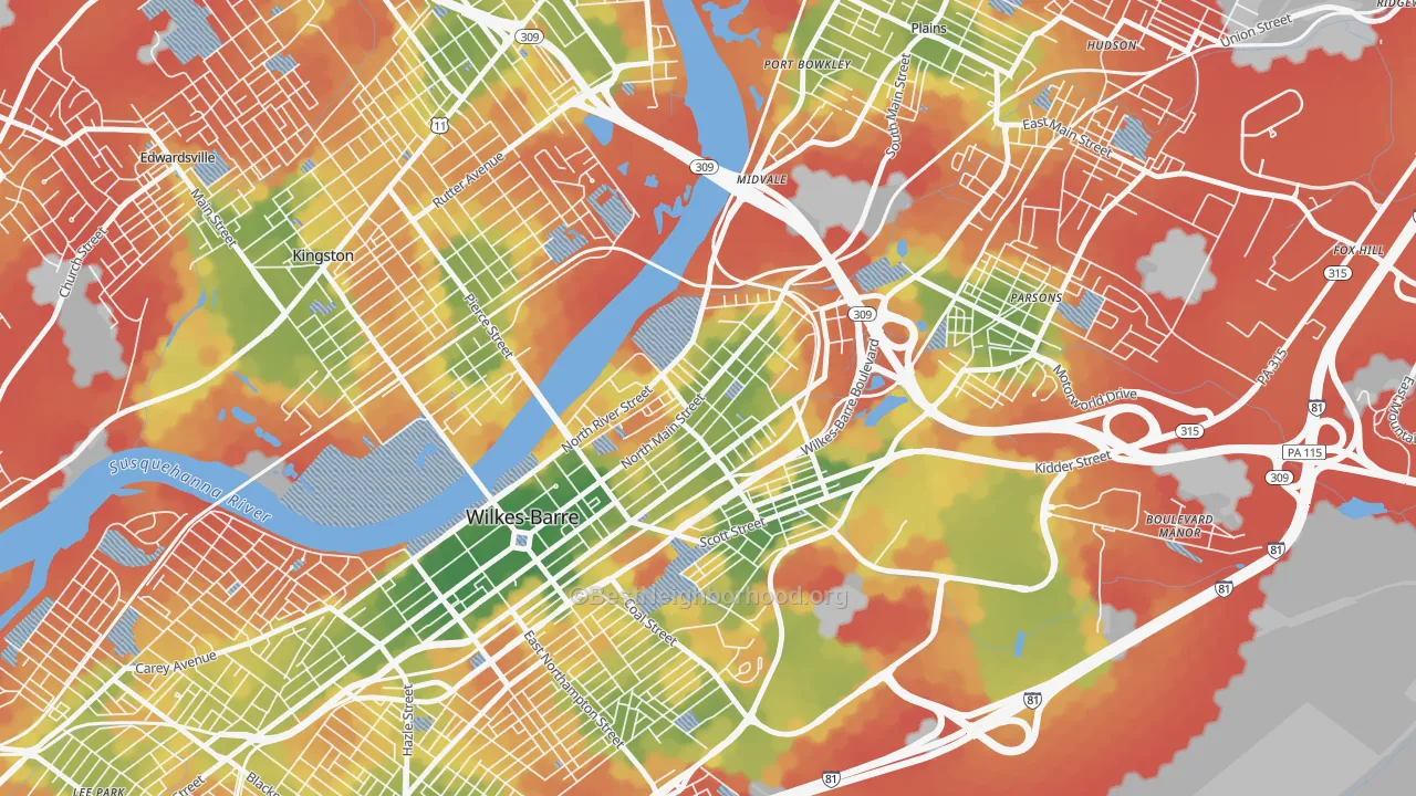 Walk Grade map of North End, Wilkes-Barre, PA, walkable areas in green and car-dependent areas in red