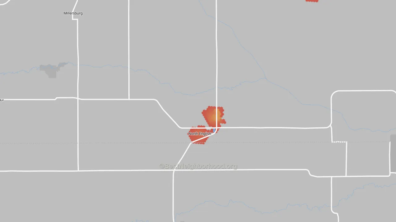 Walk Grade map of North English, IA, walkable areas in green and car-dependent areas in red