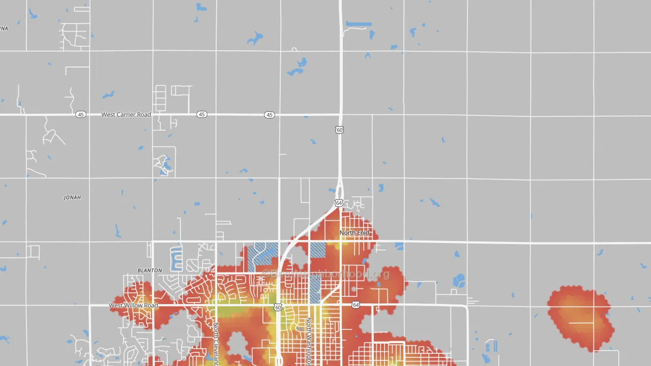 Walk Grade map of North Enid, OK, walkable areas in green and car-dependent areas in red