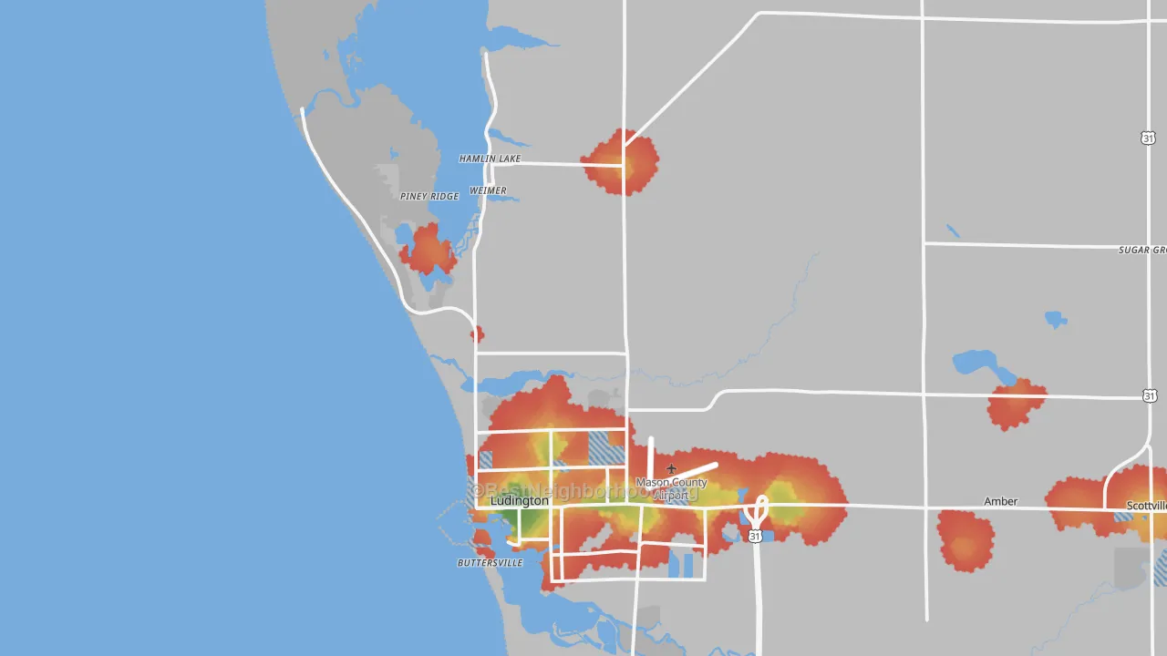 Walk Grade map of North Epworth, MI, walkable areas in green and car-dependent areas in red