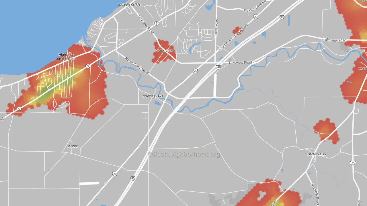 Walk Grade map of North Evans, NY, walkable areas in green and car-dependent areas in red