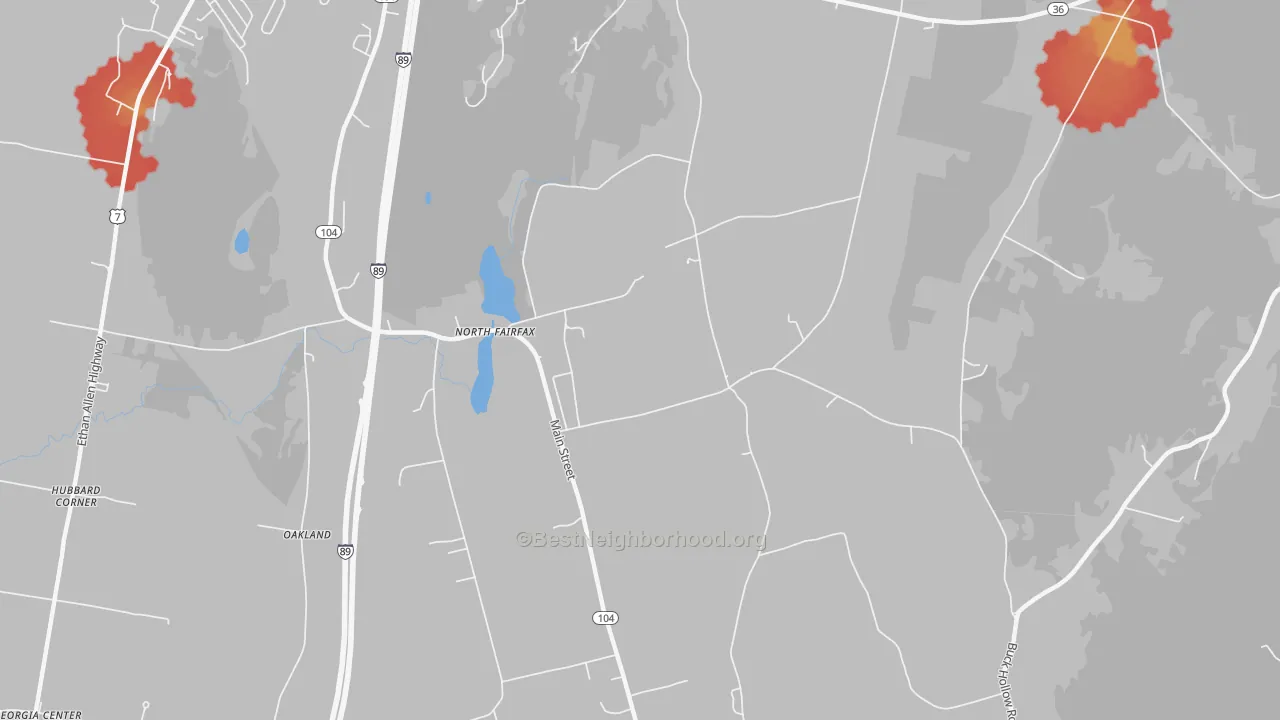 Walk Grade map of North Fairfax, VT, walkable areas in green and car-dependent areas in red