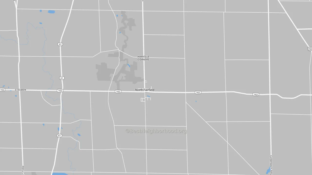 Walk Grade map of North Fairfield, OH, walkable areas in green and car-dependent areas in red