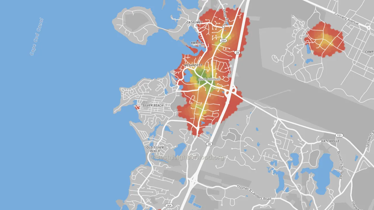Walk Grade map of North Falmouth, MA, walkable areas in green and car-dependent areas in red